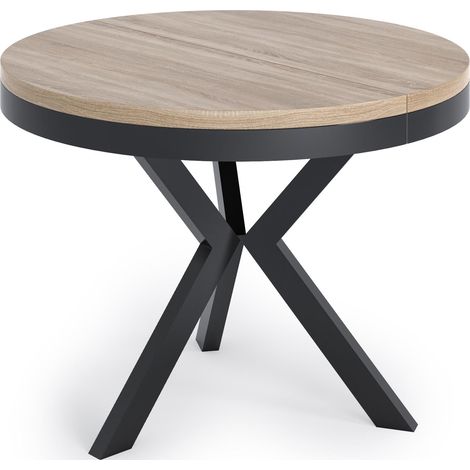 Runder Ausziehbarer Esstisch im Loft-Stil - Industrieller Tisch mit schwarzen Metallbeinen - Platzsparender Tisch für Wohnzimmer - Sonoma Eiche - 100 bis 140 cm