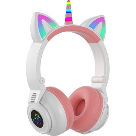 Longziming - Casque audio - Casque audio pour enfants - Casque Bluetooth sans fil - Coussinets d'oreille confortables avec arceau réglable et oreilles de licorne et de chat clignotantes - 1 - Pour fil (1/5)