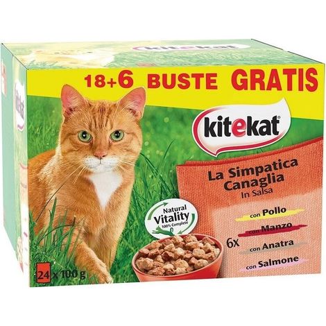 confezione 24 bustine alimento umido per gatto kitekat "la simpatica canaglia" 24x85 gr