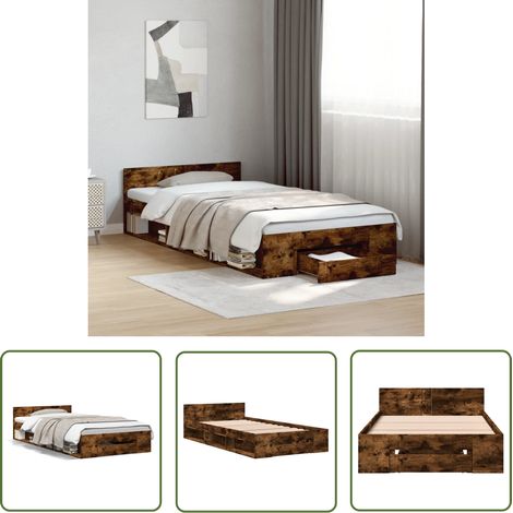 The Living Store Cadre de lit avec tiroir sans matelas chêne fumé 90x200 cm - Cadre De Lit - Lit Double - Meuble De Chambre - Rangement Sous Lit - Tiroir Intégré (1/5)
