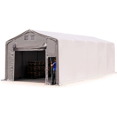 TOOLPORT Zelthalle 5x10 m Lagerzelt PRIMEtex 2300 robuste PVC Plane grau 3m Seitenhöhe mit Hochziehtor
