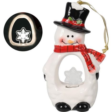Muñeco de nieve de cerámica con copo de nieve iluminado con LED, blanco, 15 cm (1/3)
