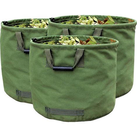 Trois sacs de jardin extra-résistants de 125 L avec poignées, sacs de collecte de feuilles vertes, matériau en toile militaire (46 cm de haut, 56 cm de diamètre). (1/5)