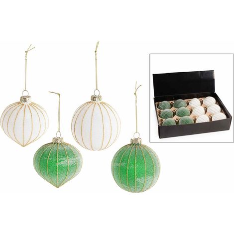 Palline di Natale verdi e bianche in vetro con decori oro da appendere, in espositore da 12 pezzi, set da 12 pezzi, Ø 8 cm
