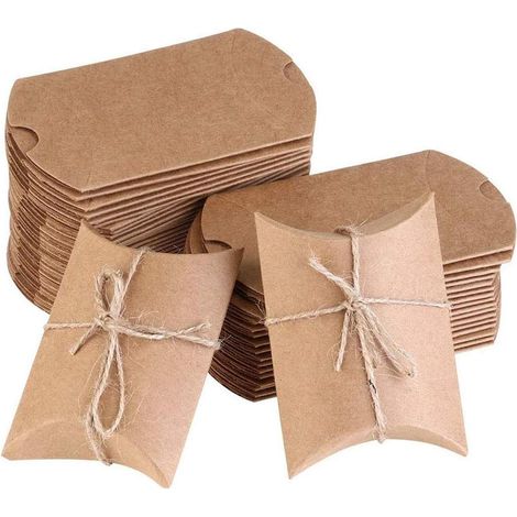 100 boîtes cadeaux vintage en forme de coussin, boîte en papier kraft en forme de coussin, boîte cadeau rétro en papier kraft, boîtes cadeaux en papier kraft pour Noël, bonbons (avec cordon en jute) (1/5)