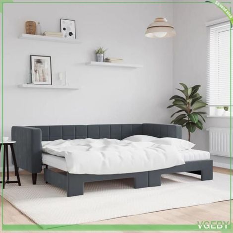Lit de jour avec lit gigogne - Modèle 3196709 - Velours gris foncé - 2 matelas 80x200x10 cm - Convertible en lit double (1/5)
