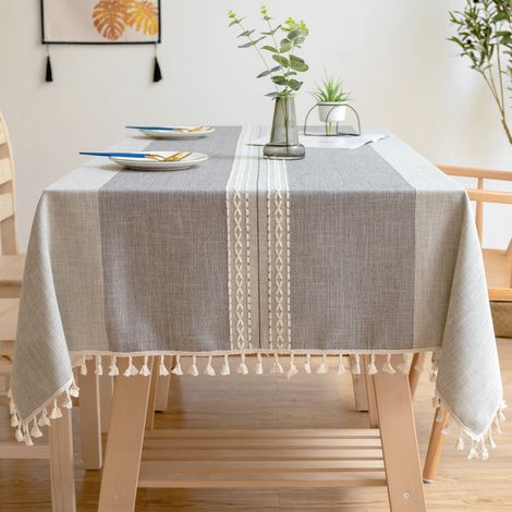 Nappe grise 140x180cm en coton et lin, séchable en machine, rectangulaire avec franges pour K (1/5)