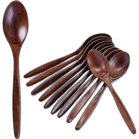 Cuillères en bois, lot de 10 cuillères en bois, cuillères de table en bois naturel à long manche pour manger et mélanger (1/5)