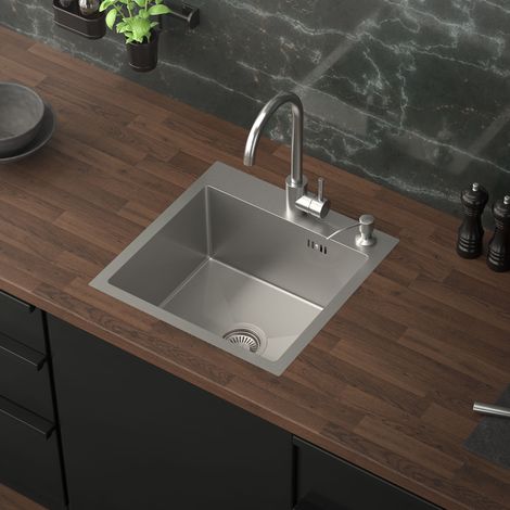 ML-Design Lavello in Acciaio Inox 45x45 cm Lavabo da Cucina Quadrato Argento 1 Vasca Lavandino da Incasso con Set di Scarico e Troppopieno Vasca Singola con Sifone (1/5)