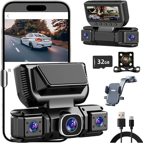 Caméra Embarquée à 4 Canaux avec Wi-FI et Vision Nocturne, 360° Dashcam Voiture Avant Arrière 4K + 1080P, Enregistrement en Boucle, App, Mode Parking 24H