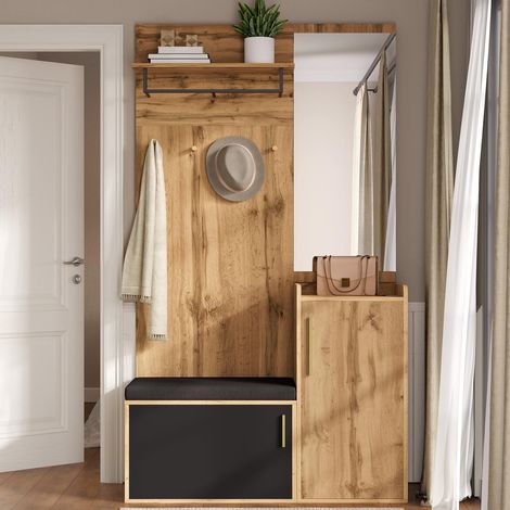 Garde-robe compacte avec miroir et banc, meuble d’entrée avec porte-chaussures et crochets (1/5)