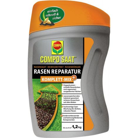 Compo – Mélange de réparation de pelouse Komplett-Mix+ – Semences, substrat de germination et engrais, pour 6 m², 1,2 kg (1/3)