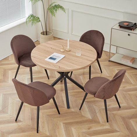 Wokaka Lot table ronde 100cm en MDF(Couleur chêne) avec 4 chaises en velours marron – Conception ergonomique