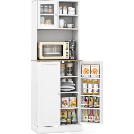Credenza da cucina con ripiano per microonde, 8 ripiani con anta e 5 ripiani regolabili, anta in vetro e ripiano aperto, 60 x 35 x 170 cm (1/5)