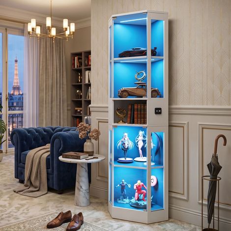 Creahappy Vitrine d'Angle avec LED 57x40x165 cm - Gain de Place Détecteur Mouvement - Meuble Rangement Verre et Bois - Blanc (1/5)