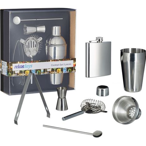 6 teiliges Bar-Set aus Edelstahl, Flachmann 200ml, Shaker, Barsieb, Messbecher, Cocktaillöffel, Eiswürfelzange, Cocktailset (1/5)