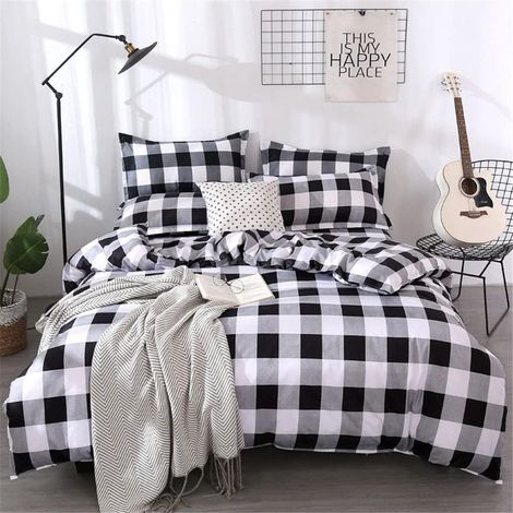 Housse de Couette Réversible 240x220cm + 2 Taie d'oreiller, Parure de Lit Adulte 2 Personnes en Microfibre Linge de Lit Carreaux Imprimé avec Fermeture Éclair (240x220cm, Noir Gris Blanc) (1/5)