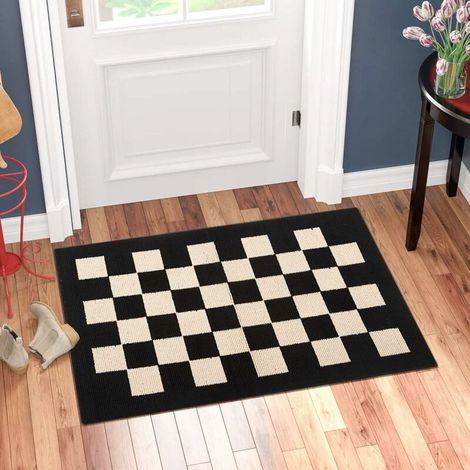 royaluxe -Paillasson intéri Tapis de porte d'entrée, 50cm x 80cm, tapis d'entrée bibuleux lavable antidérapant à carreaux, noir (1/5)