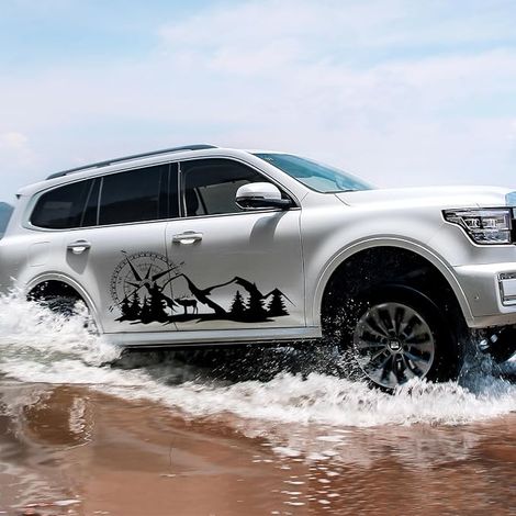 Pair of Compass Mountain Deer Forest Car Decals Vinyl Side Window Body Stickers for SUV Jeep Camper Van RV, Black, 100 x 42 cm (1/4)