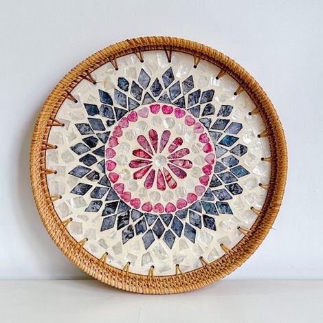 Plateau de service en rotin naturel et coquillages, fait main, diamètre 30cm, décoratif pour fruits et desserts, style élégant