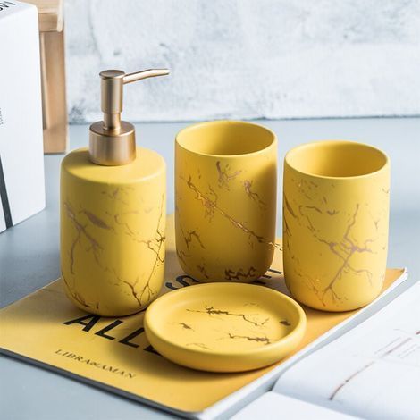 Ensemble de 4 accessoires de salle de bain en céramique avec distributeur de savon, verre, porte-savon (jaune) (1/5)