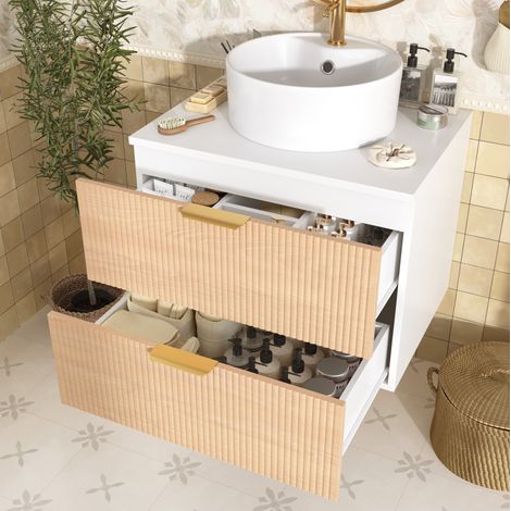 Meuble de salle de bain suspendu 60 cm avec vasque ronde en céramique, 2 tiroirs HAVRYA (1/5)