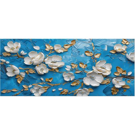 Lupia - Quadro moderno Canvas World FLOWERS WHITE BLUE 52x122 cm, Stampa su Tela effetto Pennellate tridimensionale, Telaio in Legno, per soggiorno capezzale camera da letto ufficio fiori bianchi oro (1/4)