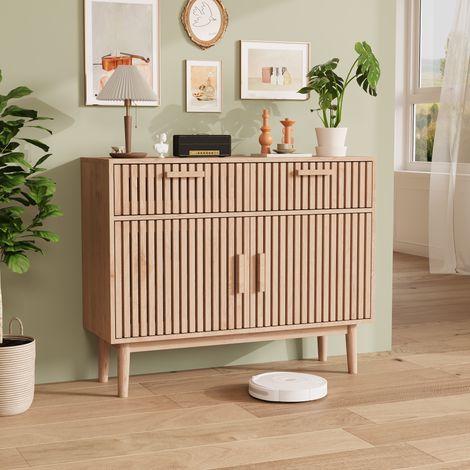 JOOKGBD-Credenza 100x35x80 cm,Mobile da Giorno con 2 Cassetti e 2 Ante,Comò Multifunzionale in Legno per Soggiorno Cucina Ufficio,Stile Rustico,Legno Naturale