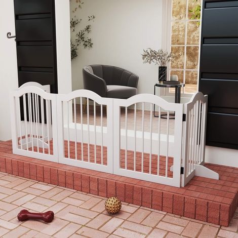 Valla para perros plegable (254.5x9.6x61 cm), de 5 paneles, con patas de apoyo, madera maciza y MDF blanco (1/5)