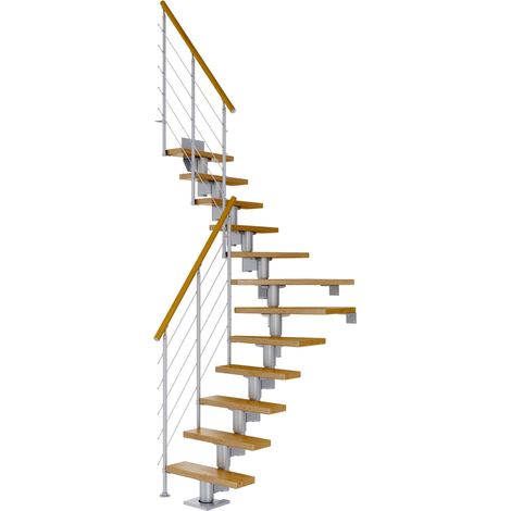 Dolle Mittelholmtreppe Dublin 1/4 gewendelt aus Eiche lackiert 61 cm breit für GH 222–270 cm UK Metall Perlgrau mitlaufende Edelstahlstäbe