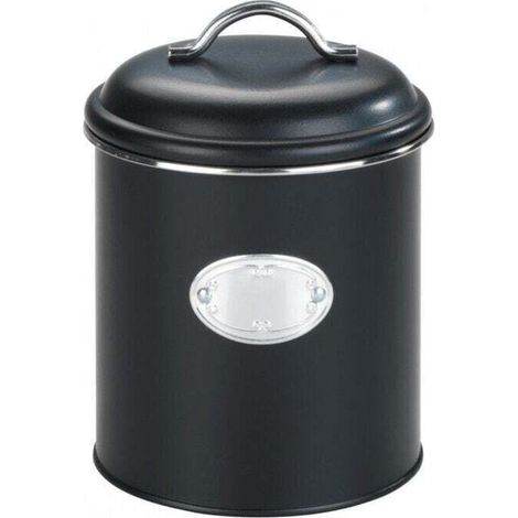 Boite de rangement métal avec couvercle et étiquette décorative, Nero, rangement pomme de terre, oignons, Capacité 1,6 l, Métal, Ø 13x18 cm, noir (1/4)