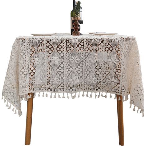 FENOPLASTICANappe style champêtre en fil de coton crocheté, pompons ajourés, beige – 140 x 140 cm (1/5)