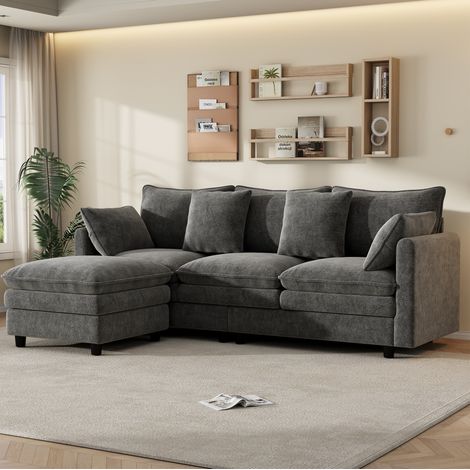 Sofá esquinero de 212 x 150 x 90 cm, 3 plazas con chaise longue modular, 4 cojines, tejido de chenilla -gris (1/5)