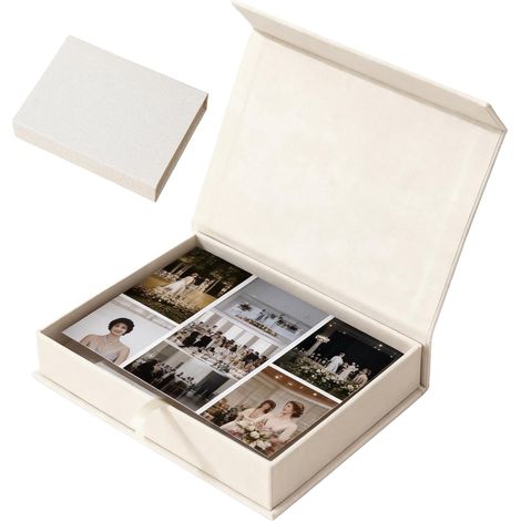 Boîte photo en lin : boîtes photo de rangement, boîte à photos magnétique en lin pour ranger photos, photos, certificats, accessoires de scrapbooking, souvenirs et bijoux (Beige, 17,5 x 12 x (1/5)
