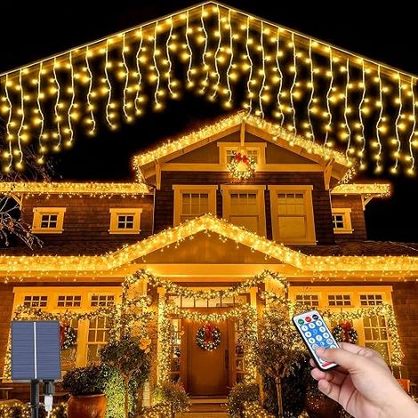 Solar Outdoor Light Curtain, 7M Icicle String Lights, 32pcs0.8M 256LEDs Waterproof Fairy Lights Icicle with 8 Modes, Remote Control, Indoor Window Garden (1/5)