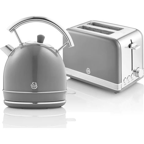 SWAN STP7050GRNEU Retro Set Desayuno Hervidor de Agua 1,8 L Inalámbrico, Tostadora 2 Rebanadas Anchas, Vintage 850W Gris
