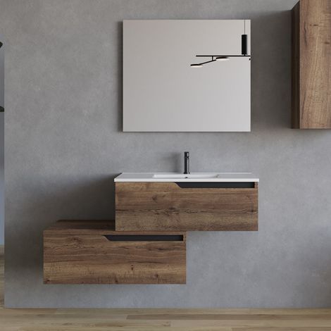 Meuble de salle de bain 120cm avec plan simple vasque - 2 tiroirs - tabaco (bois foncé) - CADIX (1/5)