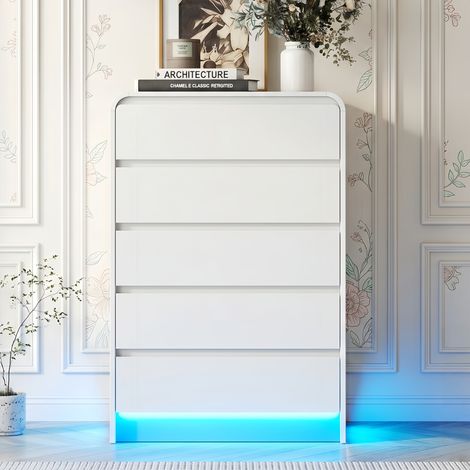Commode Bois scandinave avec 5 tiroirs, Meuble de rangement avec éclairage LED intelligent, Grande capacité – Dispositif anti-trébuchement – Blanc