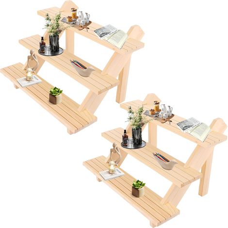 2 Pièces Presentoir Bois 3 Niveaux Couleur Naturelle 39 x 30 x 24 cm, Etagere Parfum en Pin, Support Bois Escalier pour Bijoux Cupcakes Vitrine (1/5)