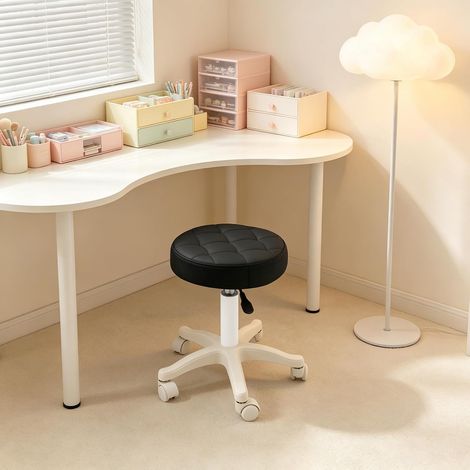 Round Rolling Stool, PU Leather Swivel Salon Chair, Barstool, Black Rolling Stool with Wheel, Height Adjustable 39-54cm, Spa Stool for Bar Office Salon Massage Home Kitchen (1/5)