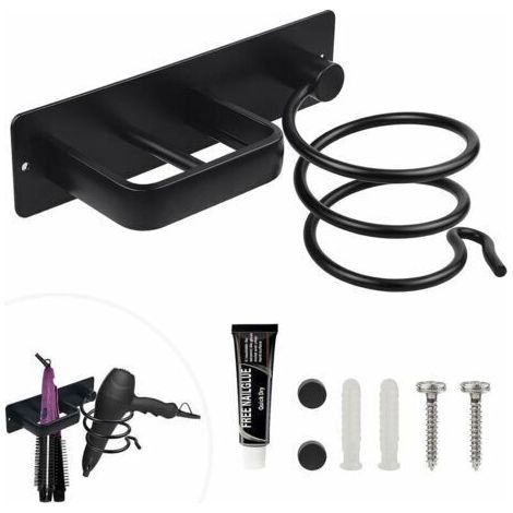 Porte Sèche Cheveux Mural, Support Seche Cheveux Support de Lisseur avec porte-câble pour Ranger Le Sèche-Cheveux Lisseur, Perçage et Adhésif, Deux Méthodes D'installation, Noir (1/5)