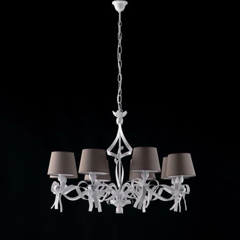Lustre Lucy Fer Blanc, Déco Shabby Chic, Abat-Jour Pvc Gris Tourterelle D.84 Cm, 8 Lumières Style Romantique
