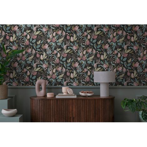 Papier peint intissé fleuri, vintage, aux tons multicolore et noir - 10,05 x 0,53 m - collection Cosmopolitan (1/5)