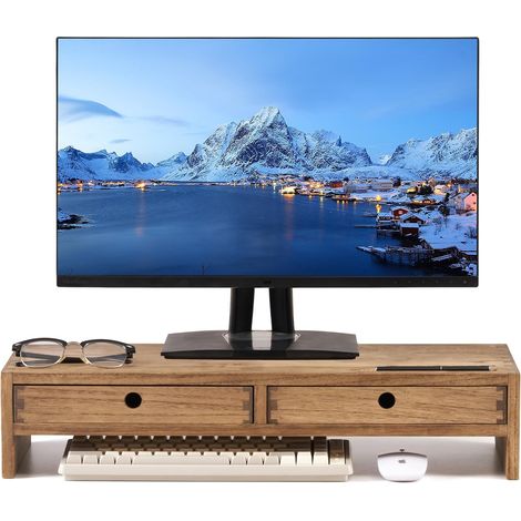 Support écran PC en bois, rehausseur d’écran à 2 tiroirs, brun (1/5)