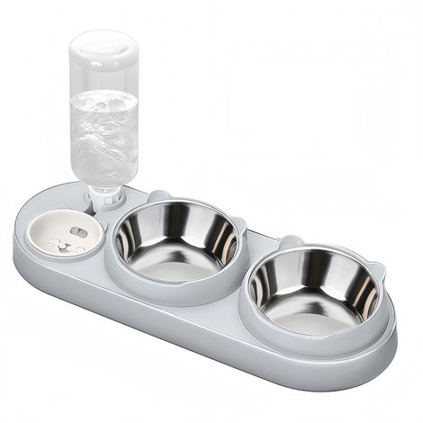 Gamelle 3-en-1 pour chat et chien : bols surélevés inclinés à 15° en acier inoxydable,avec distributeur d'eau,gamelle nourriture et eau pour animaux d'intérieur (1/5)