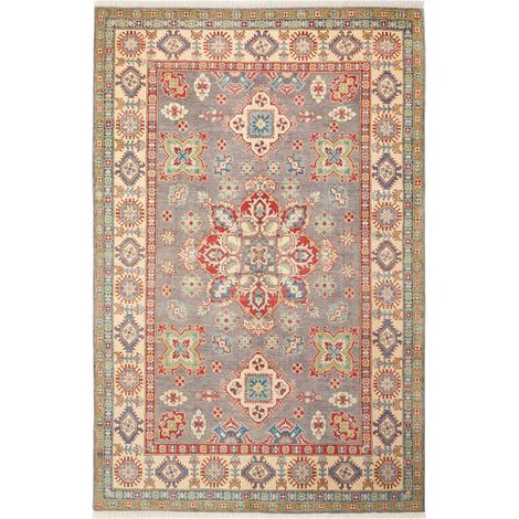 Tapis salon 200 x 305 cm, motif traditionnel, gris, beige et rouge, en laine naturelle, noué à la main (1/5)
