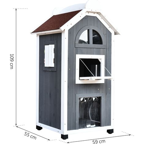 Niche extérieure pour chat, niche à deux étages en bois de sapin, résistante aux intempéries avec toit en asphalte, grise, 59 x 55 x 109 cm (1/5)