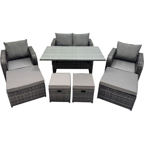 Fimous 8 Seat Outdoor Wicker PE Rattan Garden Furniture Set Dining Table Sofa Sets with 4 Stools Dark Grey Mixed (1/5)