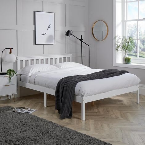 Double Pine Solid Wood Bed 4ft6 White Low End Slatted Base Headboard Furniture (1/5)