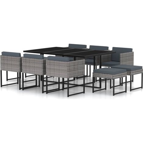 Set di mobili da giardino mobili da esterno 11 pezzi con cuscini resina intrecciata grigia 020015413